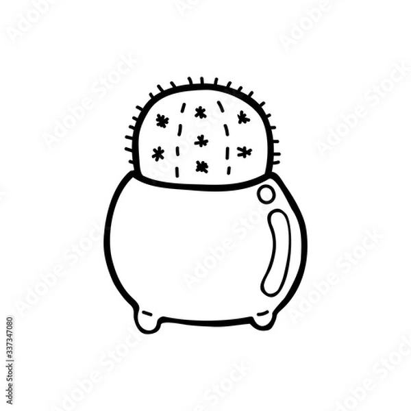 Fototapeta Vector illustration. Cute hand drawn cactus in a pot on white background. Element of the cozy home interior. Simple doodle clipart in a trendy minimalism style.