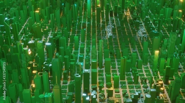 Fototapeta Digital abstract city made of glowing line light. Business skyscrapers. Architectural technology structure of luminous lines and particles. Connection concept. 3d rendering.