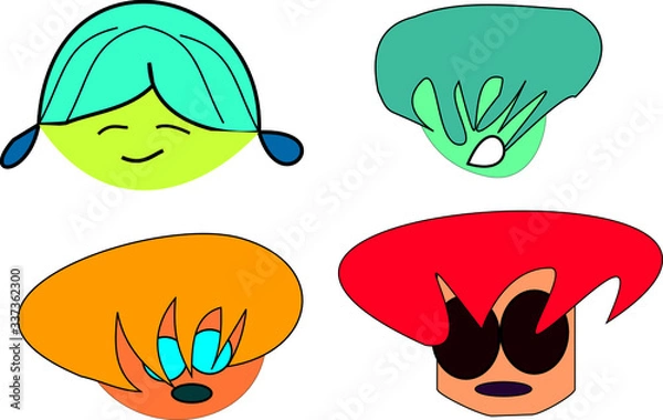 Fototapeta A set of four cartoon line drawn colorful character faces.People icon. Person symbol.