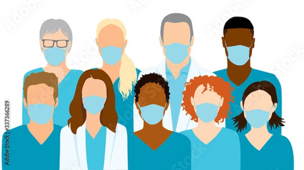 Fototapeta Group of medical professionals wearing protective face masks, doctors and nurses in scrubs. Faceless flat simple vector illustration.