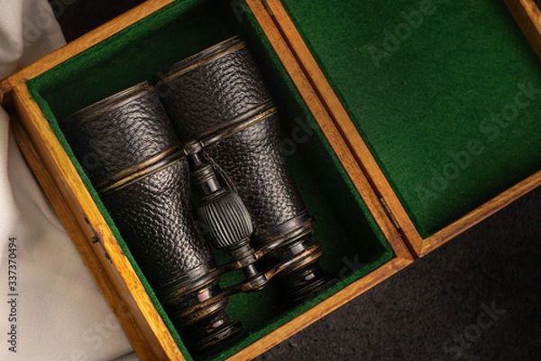 Obraz Classic binoculars inside a wooden box