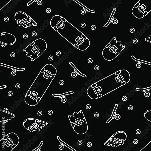 Fototapeta Hand drawn skateboarding seamless pattern. skateboard background. Skateboarding doodle illustration. Vector illustration.