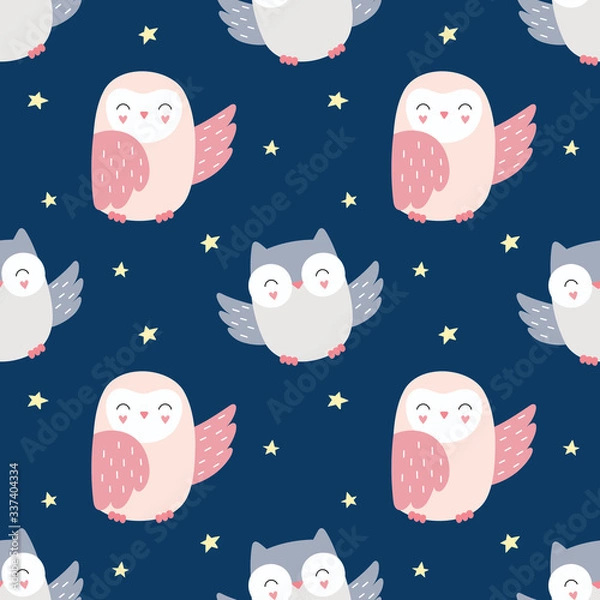 Fototapeta Seamless pattern magic owls, night birds, starry sky. Vector illustration for children. Printing for packaging, fabric, textile, wallpaper.