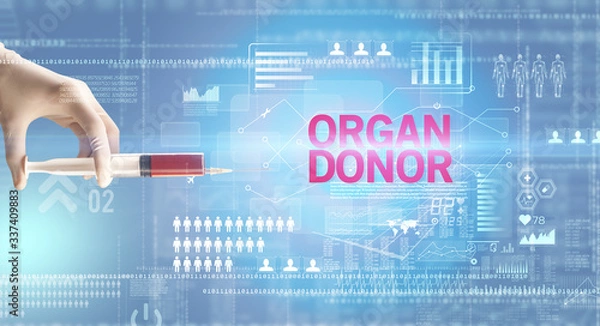 Fototapeta Close-up view of doctor's hand in a white glove holding syringe with ORGAN DONOR inscription, healthcare and medical concept