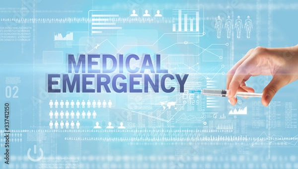 Fototapeta Close-up view of doctor's hand in a white glove holding syringe with MEDICAL EMERGENCY inscription, healthcare and medical concept