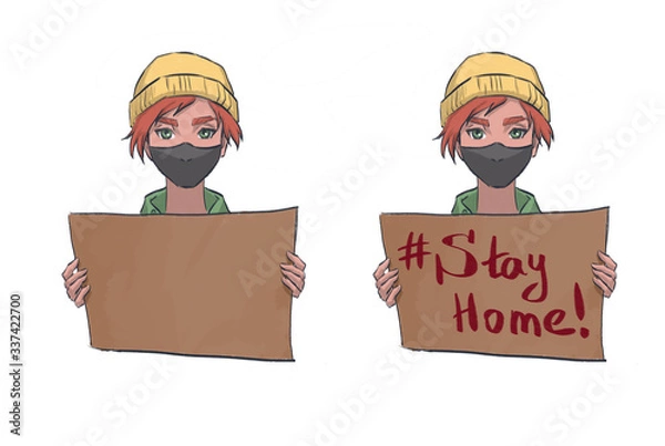 Fototapeta demonstration, redhead Girl Young Woman, a call face mask, quarantine, self isolation, virus, tagline, line art, be healthy, covid-19, person in protective mask, transparency, picket, rally, st