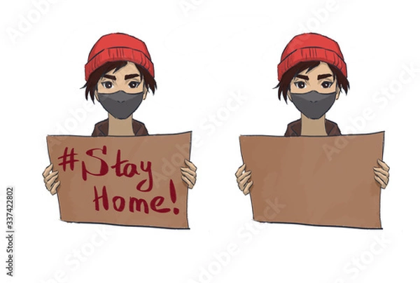 Fototapeta demonstration,  Asian Girl Young Woman, a call face mask, quarantine, self isolation, virus, tagline, line art, be healthy, covid-19, person in protective mask, transparency, picket, rally, strik, act
