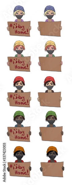 Fototapeta demonstration, BLM, black lives matter, face mask, blonde, redhead, Asian, dark skinned, set, quarantine, tagline, covid-19, person in protective mask, transparency, picket, activist, 