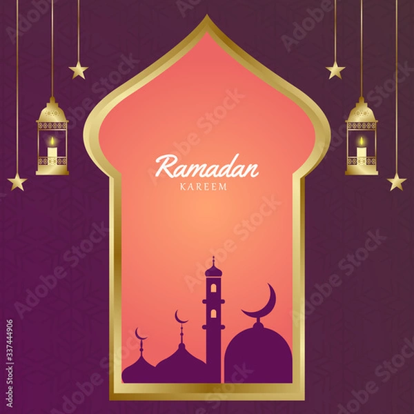Fototapeta The concept of Ramadan Kareem with landscape in the window. beautiful twilight and traditional lanterns. Banners or greeting cards with temples, mosque buildings.