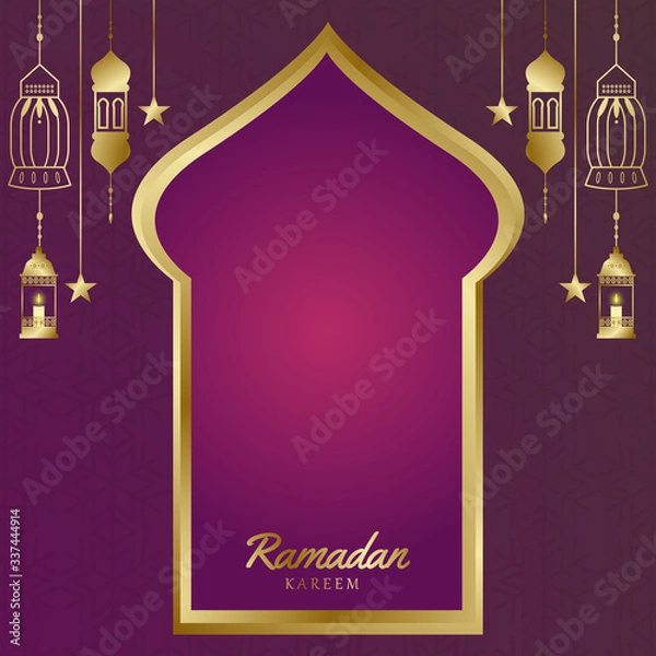 Fototapeta The concept of Ramadan Kareem and the window. beautiful twilight and traditional lanterns. Banners or greeting cards with temples, mosque buildings.