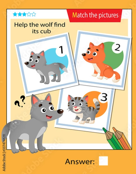 Fototapeta Matching game, education game for children. Puzzle for kids. Match the right object. Help the wolf find his cub.