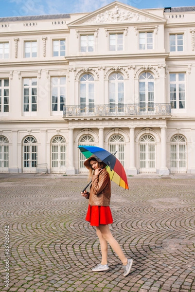 Obraz Fashionable beautiful woman with a colorful umbrella on an autumn day in a red dress in Brussels