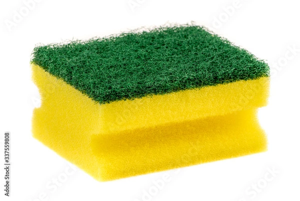 Fototapeta Dish sponge isolated on white background. Cleaning product. Yellow and green colored sponge.