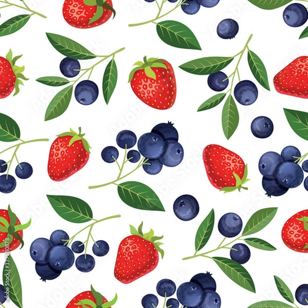 Fototapeta Blueberries and strawberries with leaves on a white background.