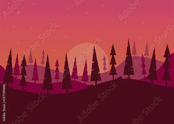 Fototapeta Forest and hill view with sunset - vector illustration