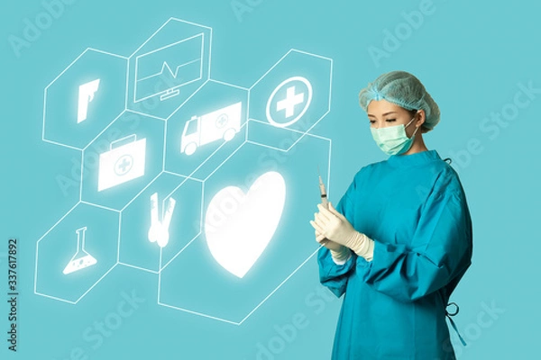 Fototapeta Medical Staff wearing face mask, virus protection with innovative of futuristic medical graphic info, safe from virus outbreak for medical, wellness, healthy and technology  concept