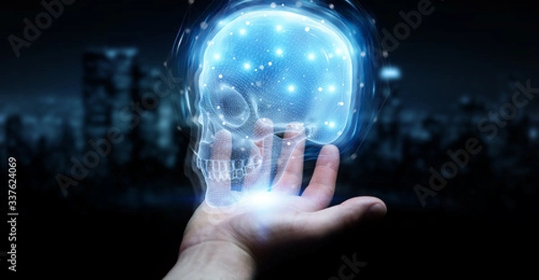 Fototapeta Man hand using digital x-ray skull holographic scan projection 3D rendering