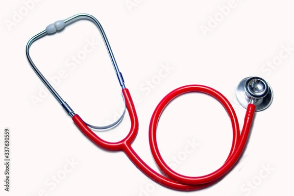 Fototapeta Red Stethoscope on White by orcearo. Isolated Red Stethoscope on White Background