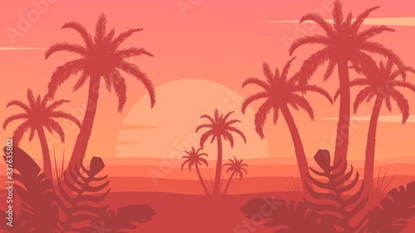 Fototapeta Tropical palm trees near sea or ocean. Beautiful sky with sunset background. Summer vocation, island with nature vector illustration.