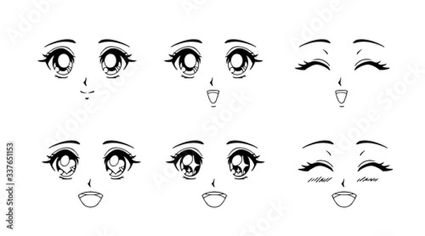 Fototapeta Set of happy anime faces. Hand drawn vector cartoon illustration.