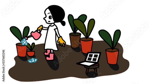 Fototapeta girl is woking in garden and also work on computer in same time