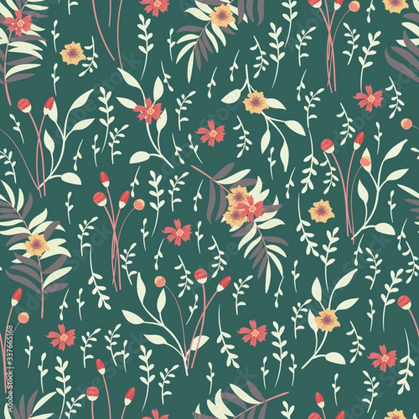 Obraz Vector seamless  pattern of wild flowers on green background. Floral illustration for textile, print, wallpapers, wrapping.