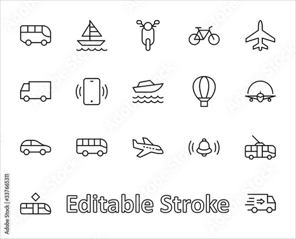 Fototapeta Set of Public Transport Related Vector Line Icons. Contains such Icons as Bus, Bike, Scooter, Car, balloon, Truck, Tram, Trolley, Sailboat, powerboat, Airplane and more. Editable Stroke. 32x32 Pixel