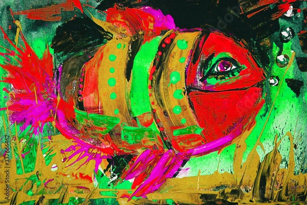 Fototapeta Dipinto colorato pesce sorridente rosso verde orientale