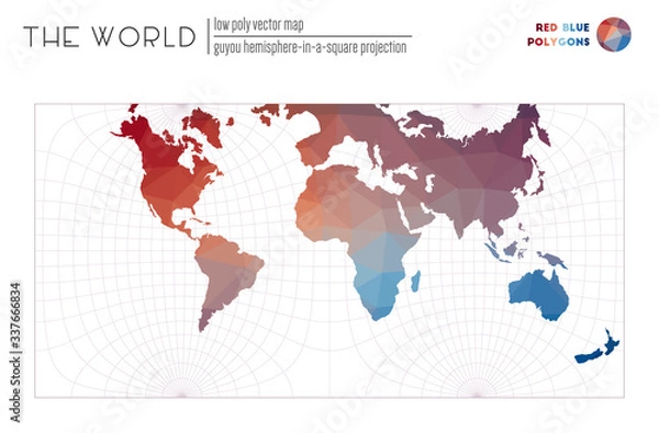 Obraz Polygonal map of the world. Guyon hemisphere-in-a-square projection of the world. Red and blue colored polygons. Awesome vector illustration.