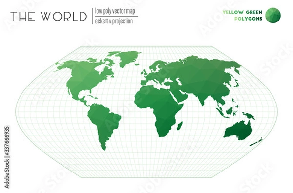 Fototapeta Triangular mesh of the world. Eckert V projection of the world. Yellow-Green colored polygons. Energetic vector illustration.