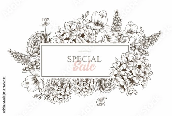 Fototapeta Flowers banner graphics place for the text of the sale invitation. hydrangea. Alstroemeria. Muscari