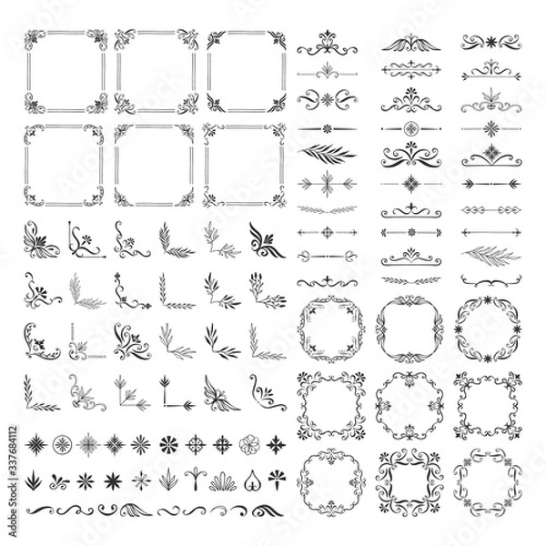 Fototapeta Set of vintage calligraphic dividers, frames, borders, corners. Vector hand drawn illustration.