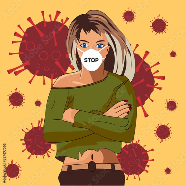 Fototapeta A girl in a medical mask, with the words stop, against the background of the coronavirus bacteria
