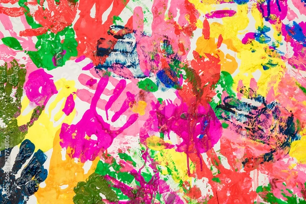 Fototapeta Colorful painted hand prints on white background
