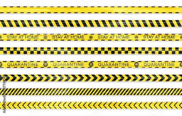 Fototapeta Realistic black and yellow seamless Covid-19 warning stripe lines isolated. Stop, Police, Warning, Danger, Quarantine, Under Construction, Do not cross concept. Crime isolation border tapes. Vector