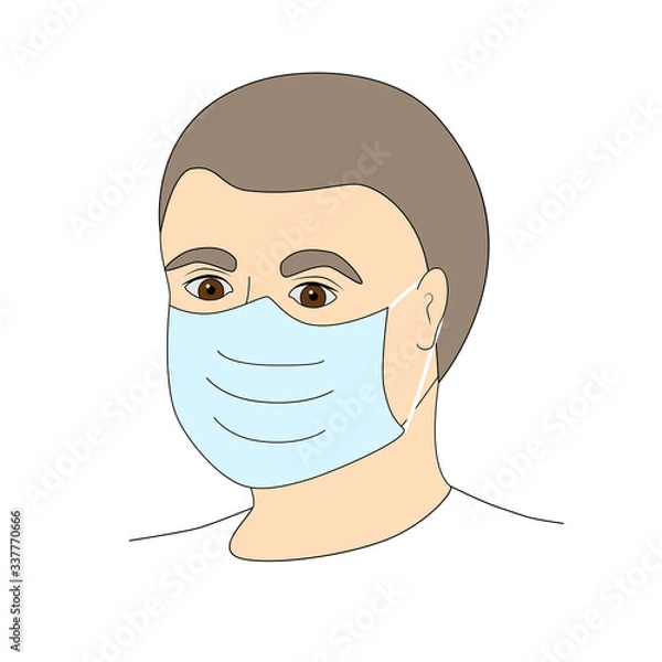 Fototapeta The face of a man or a young guy in a mask. Protection against pandemics, epidemics, viruses and flu. Vector stock illustration of a man or paramedic head isolated on a white background.