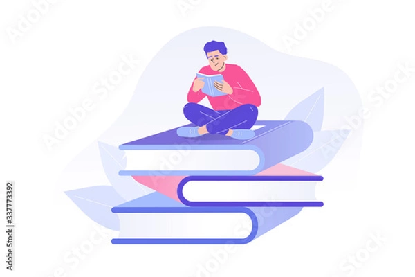 Fototapeta Young man or boy reading a book sitting on huge books. Studying or preparing for examinations. Literature fans or lovers concept. Book festival, fair or students education. Vector illustration