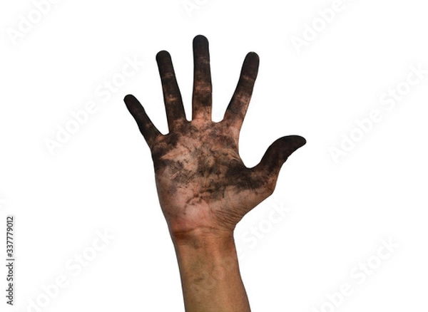Fototapeta clipping path, close up of a dirty worker hand isolated on white background