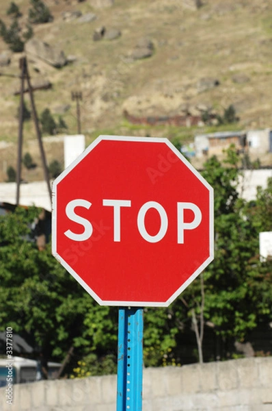 Fototapeta red stop sign on a bright summer day