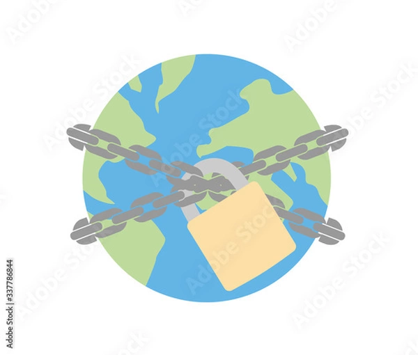 Obraz Vector 2D image of the world with a chain and lock - global lockdown due to Coronavirus