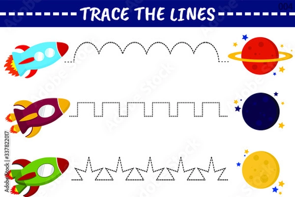 Fototapeta Trace line worksheet for kids with colorful rockets, practicing fine motor skills. Educational game for preschool kids. Vector illustration.