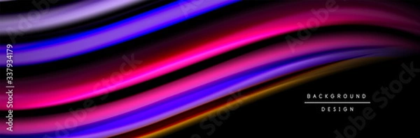Fototapeta Silk and smooth flow wave poster design. Color waves, liquid style lines and shapes in black color background