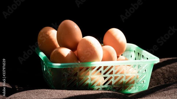 Fototapeta Chicken eggs with a black background, chicken eggs with natural light, chicken eggs are the food that every home needs, chicken eggs are very useful and protein.