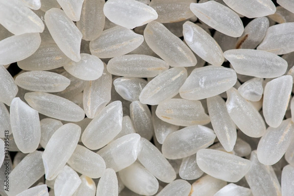 Fototapeta rice and round grain peeled seeds on a black background top view