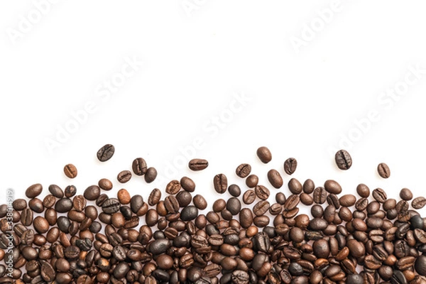 Fototapeta Coffee beans isolated on white background with copy space. Coffee time and breakfast at morning time concept.