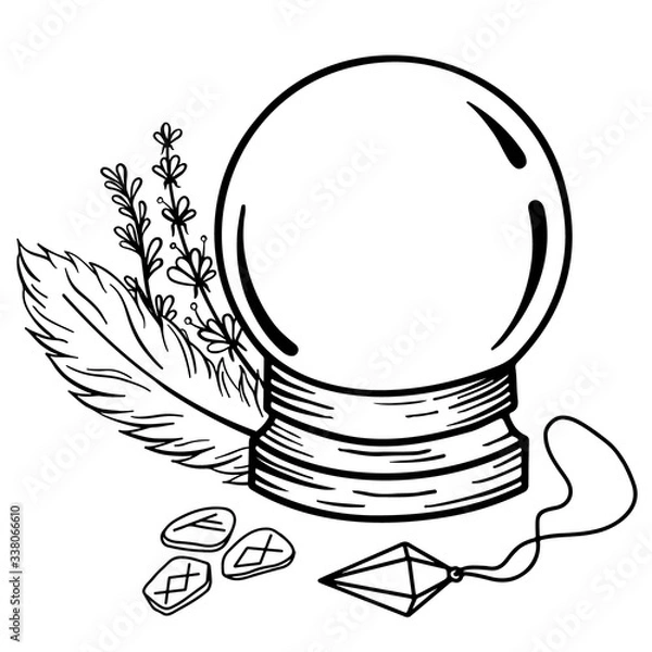 Fototapeta Magic crystal ball for divination. A magic prediction ball with magic things around it. Perfect for tattoos and t-shirts