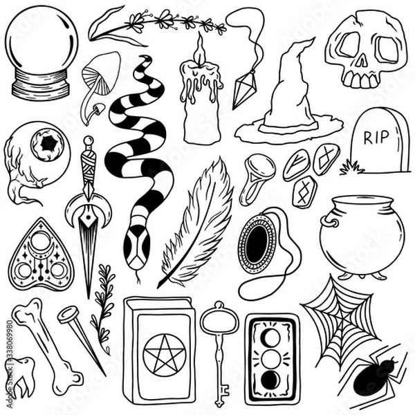 Fototapeta Sketch vector graphics, a magic set with mystical and occult drawn symbols