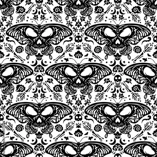 Fototapeta Butterfly skull art seamless pattern