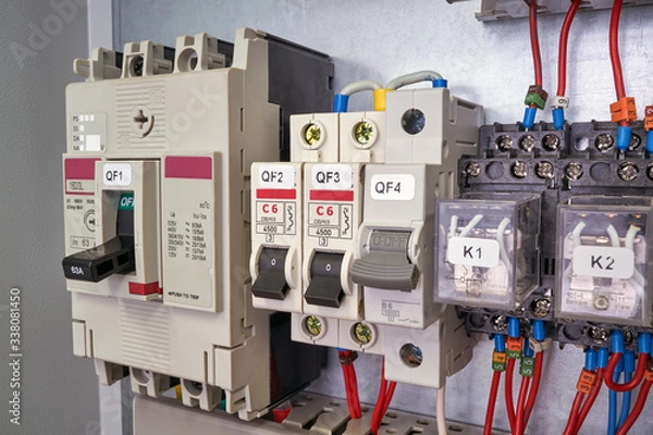 Obraz Power circuit breaker, modular circuit breakers and intermediate relays in the electrical Cabinet. Electrical wires are connected to the electrical equipment. Installation, mounting, and maintenance.