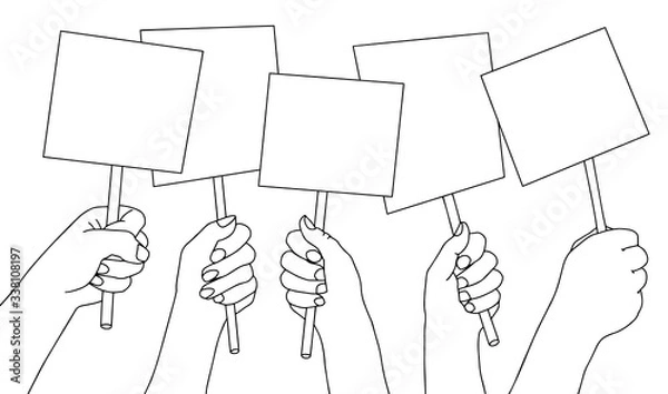 Fototapeta Set hands holding blank placard. Copy space for text. Poster empty, protest announcement board. Outline vector illustration